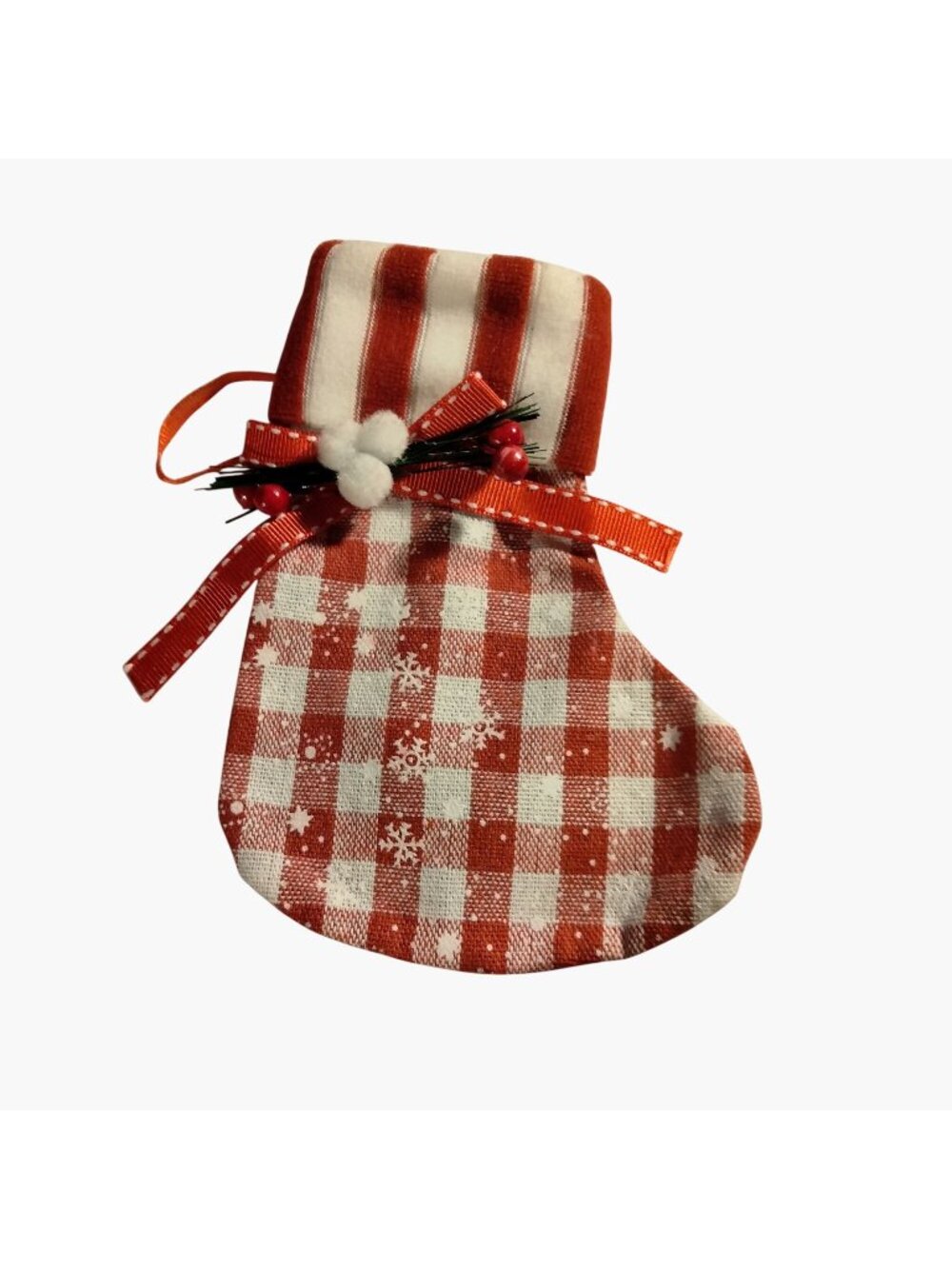 Red  White Gingham Christmas Stocking Gift Bag Ornament Ribbon Berry  Snowflake